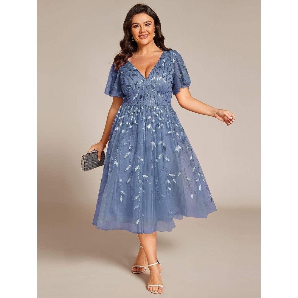 Ever Pretty Simone Blue Sequin A-Line Midi Formal Wedding Guest Dress NWOT / 24